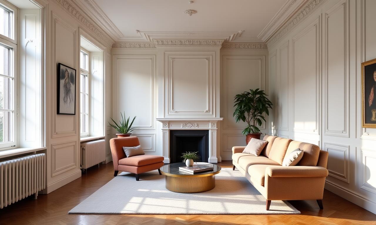 Salon lumineux d'un appartement haussmannien rénové.
